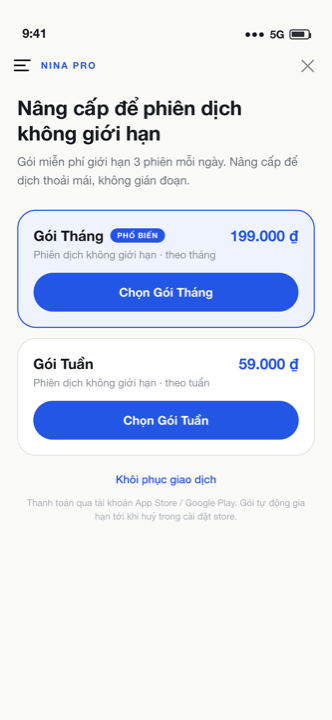 Nina Pro — gói phiên dịch không giới hạn